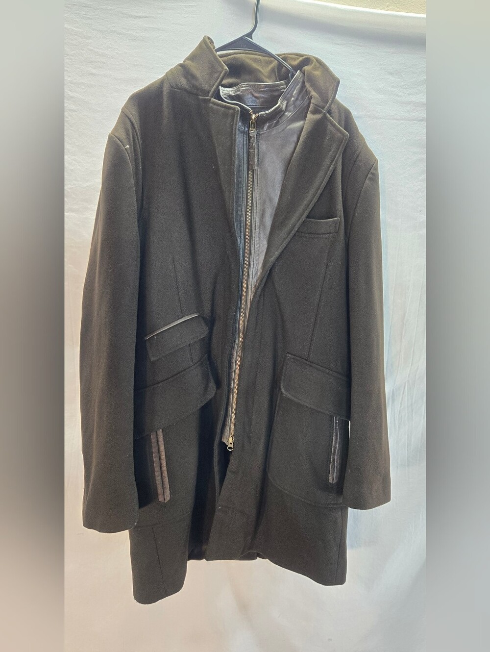 Mackage Men's Size 44 Brown Wool layered inner zip bib leather trim Coat